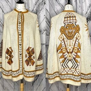 Vintage Cape Poncho Aztec Southwest Design Sweater Knit OS